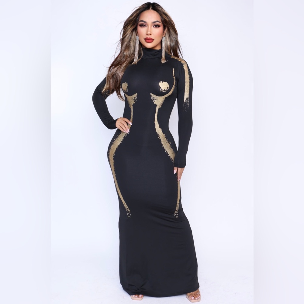Micas Body Print Turtle Neck Langarm Maxikleid